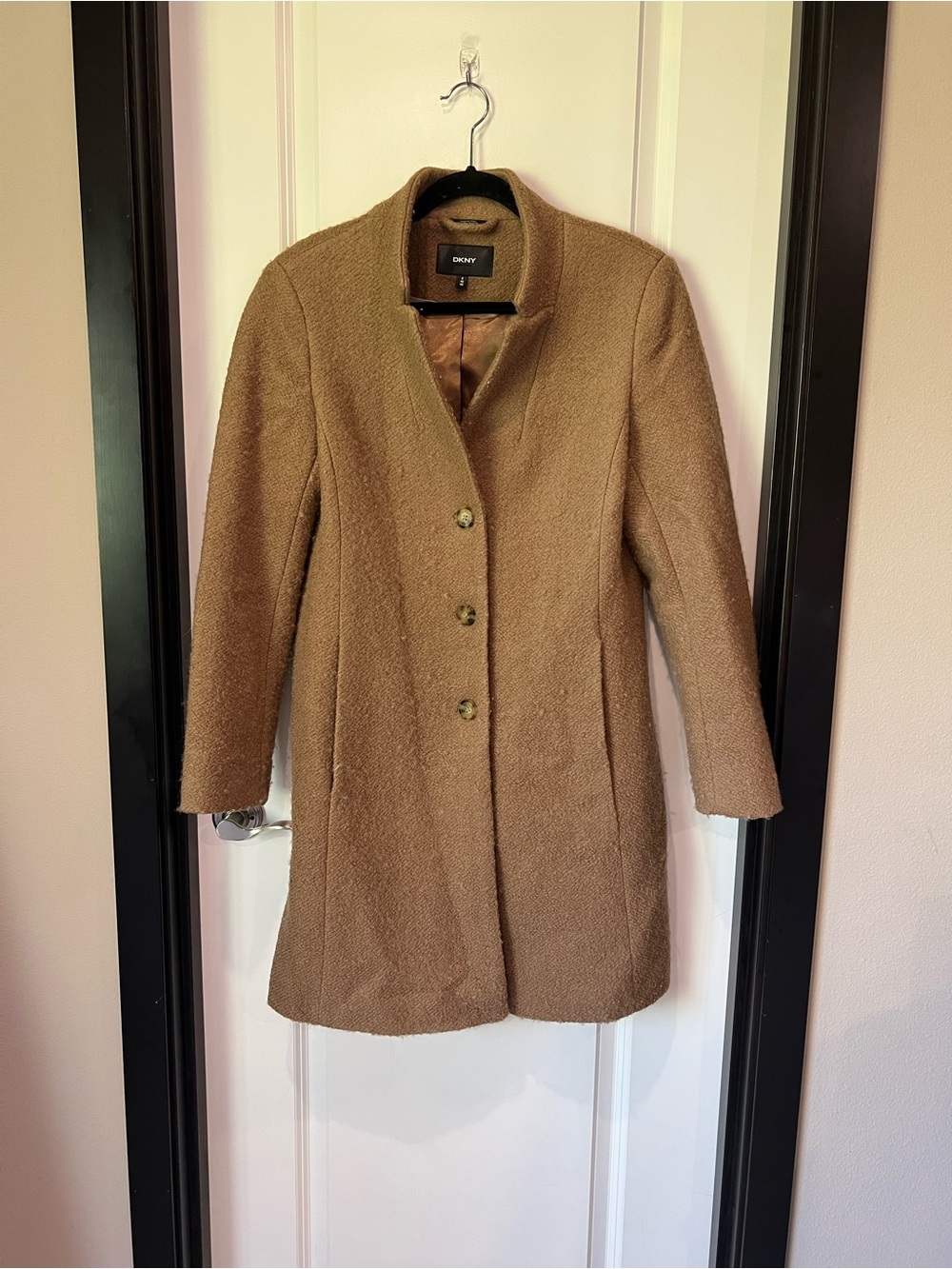 DKNY Camel Brown Wool-Blend Single-Breasted Pea Coat